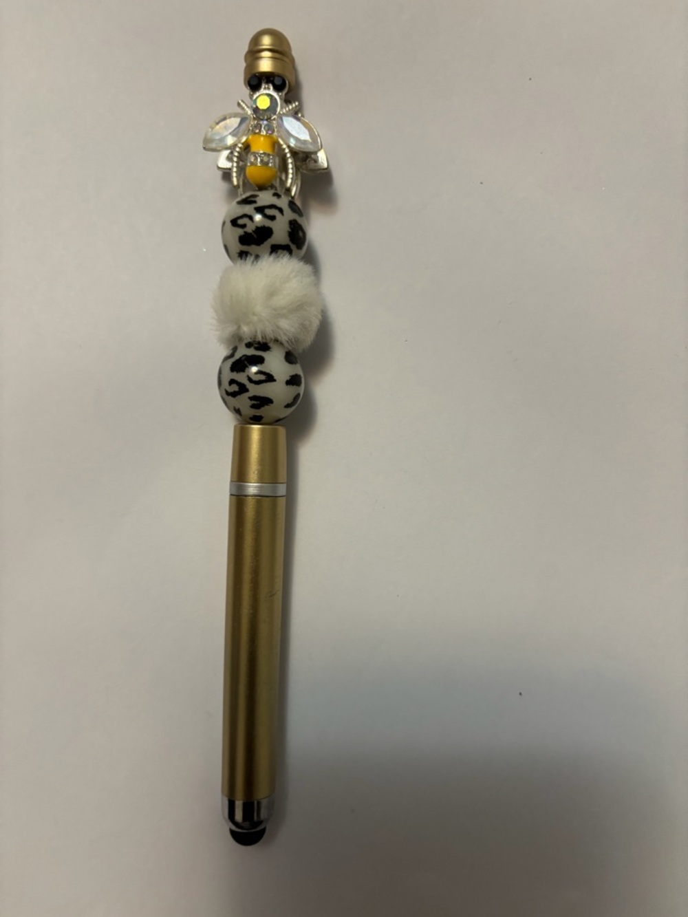 Gold Bee Beaded Stylus Pen with Leopard Beads and Faux Fur